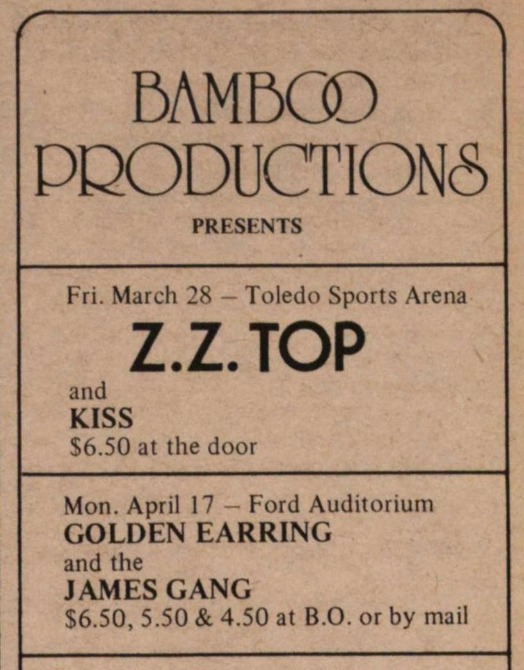 Golden Earring show ad WITH WRONG DATE for April 07 1975 Detroit, Michigan - Henry and Edsel Ford Auditorium show with James Gang